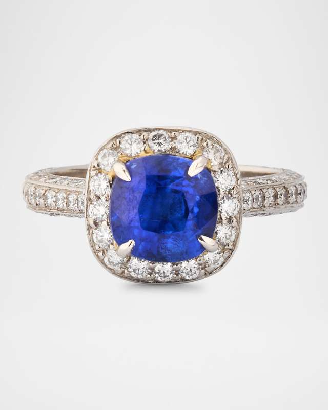 Platinum Cushion Sapphire and Diamond Statement Ring, Size 6